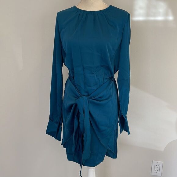 HP!!! Satin Dress Long Sleeve Crewneck Elastic Tie Waist Cocktail Mini Dress - Picture 6 of 8